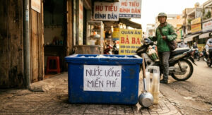Thùng nước lọc miễn phí cho shipper lúc quán mới mở
